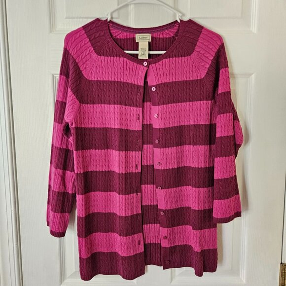 LL Bean Cardigan Sweater Womens Sz L Stripe Long Button Up Cable Knit Preppy - Picture 1 of 5